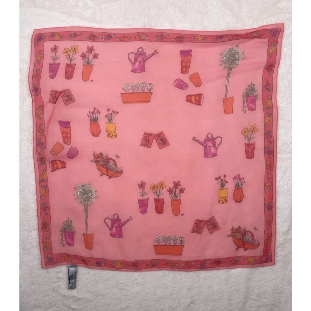 Elaine Gold Collection XIIX Square Pink Silk Scarf Garden Theme Print Korea